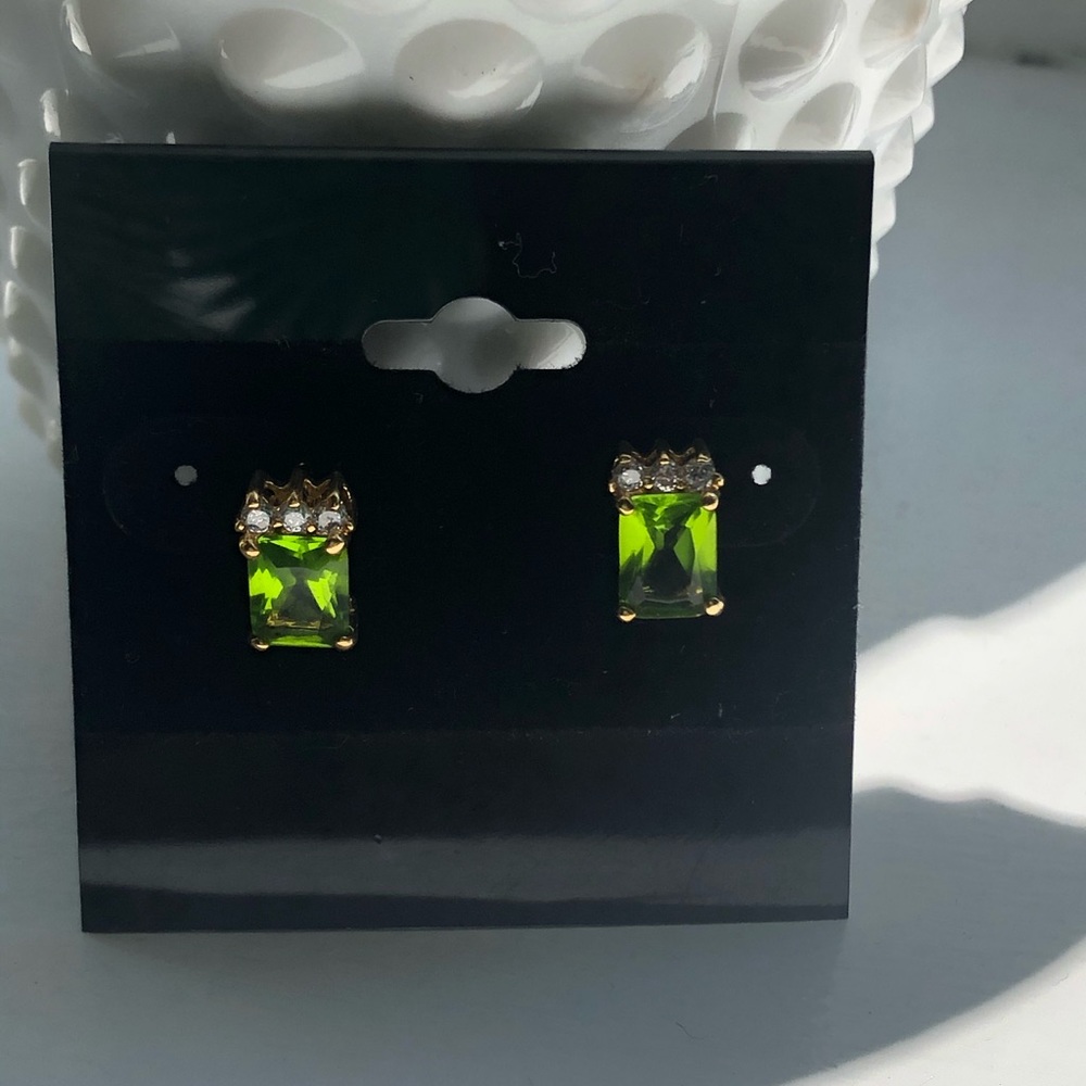 Green stone with faux diamonds stud earrings